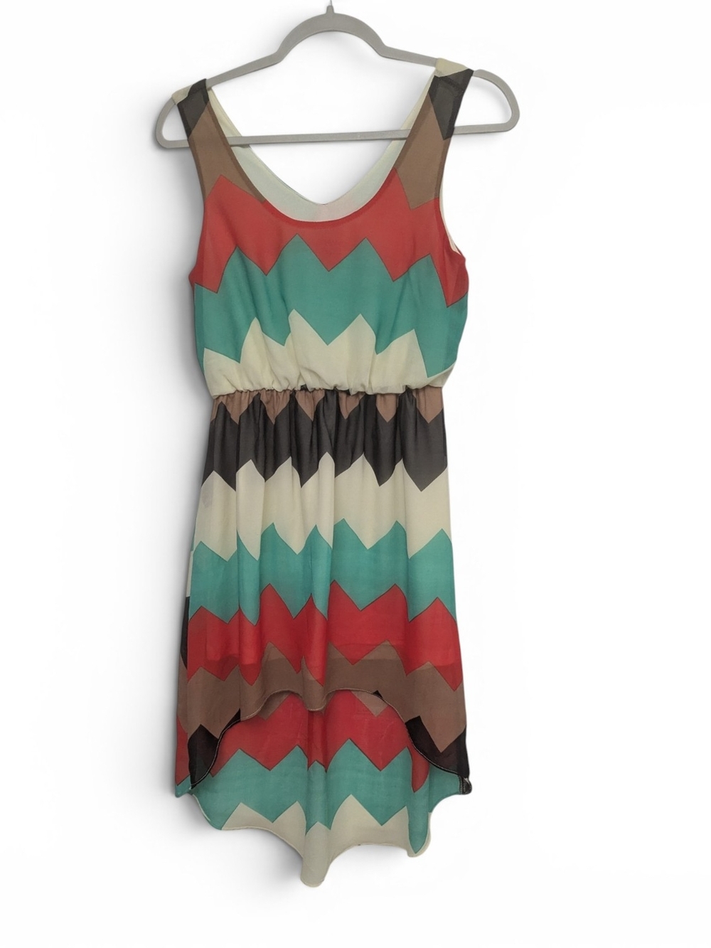 Y2K Deb Multicolor Chevron Print High-Low Chiffon Sleeveless Dress